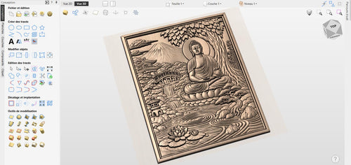Fichier CNC Bouddha jardin zen – bas-relief temple montagne pour sculpture bois, décoration murale méditation STL