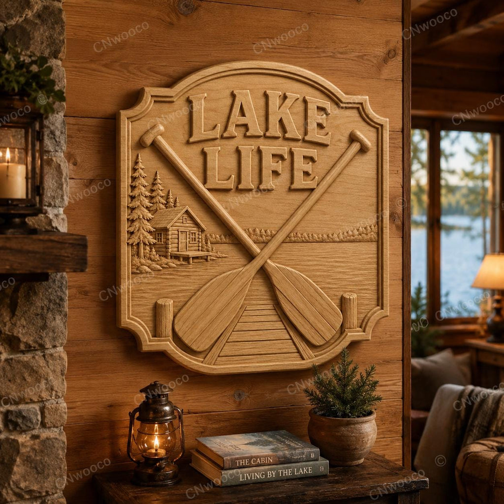 CNC & 3D-Druck Relief "Lake Life" mit Rudern und Seehütte, hochwertige STL-Datei