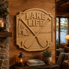 CNC & 3D-Druck Relief "Lake Life" mit Rudern und Seehütte, hochwertige STL-Datei