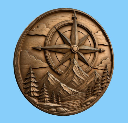 CNC & impression 3D relief boussole avec montagne et sapins, décor aventure, fichier STL très haute qualité