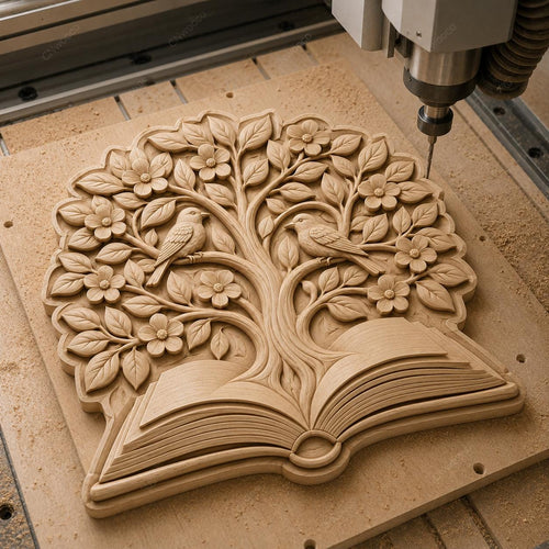 CNC & impression 3D arbre sortant d’un livre ouvert, fichier STL très haute qualité