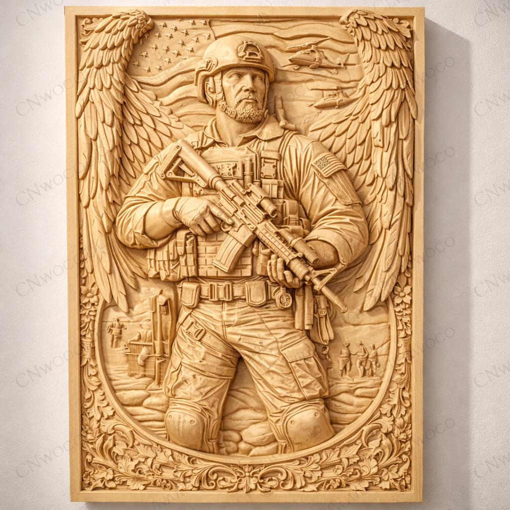 CNC Datei Soldat Militär Hommage, patriotisches Holzrelief, Wanddekoration, Holzskulptur, 3D STL Gravurmodell