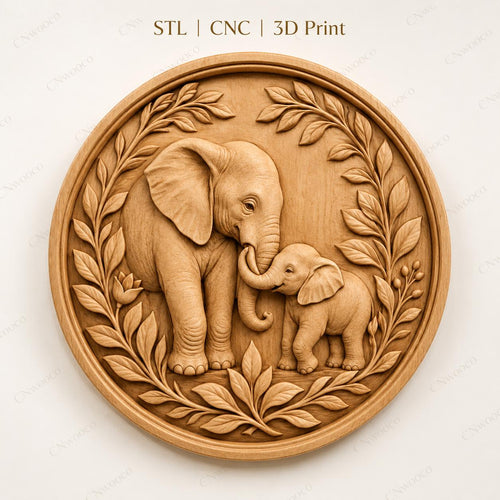 CNC & impression 3D relief éléphants mère et bébé, décoration animale pour gravure bois, STL de haute qualité