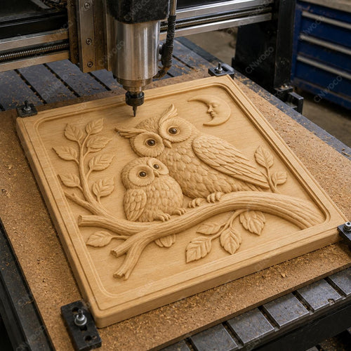 CNC & impression 3D relief hiboux sur branche avec lune, fichier owl decor pour gravure bois, STL de haute qualité