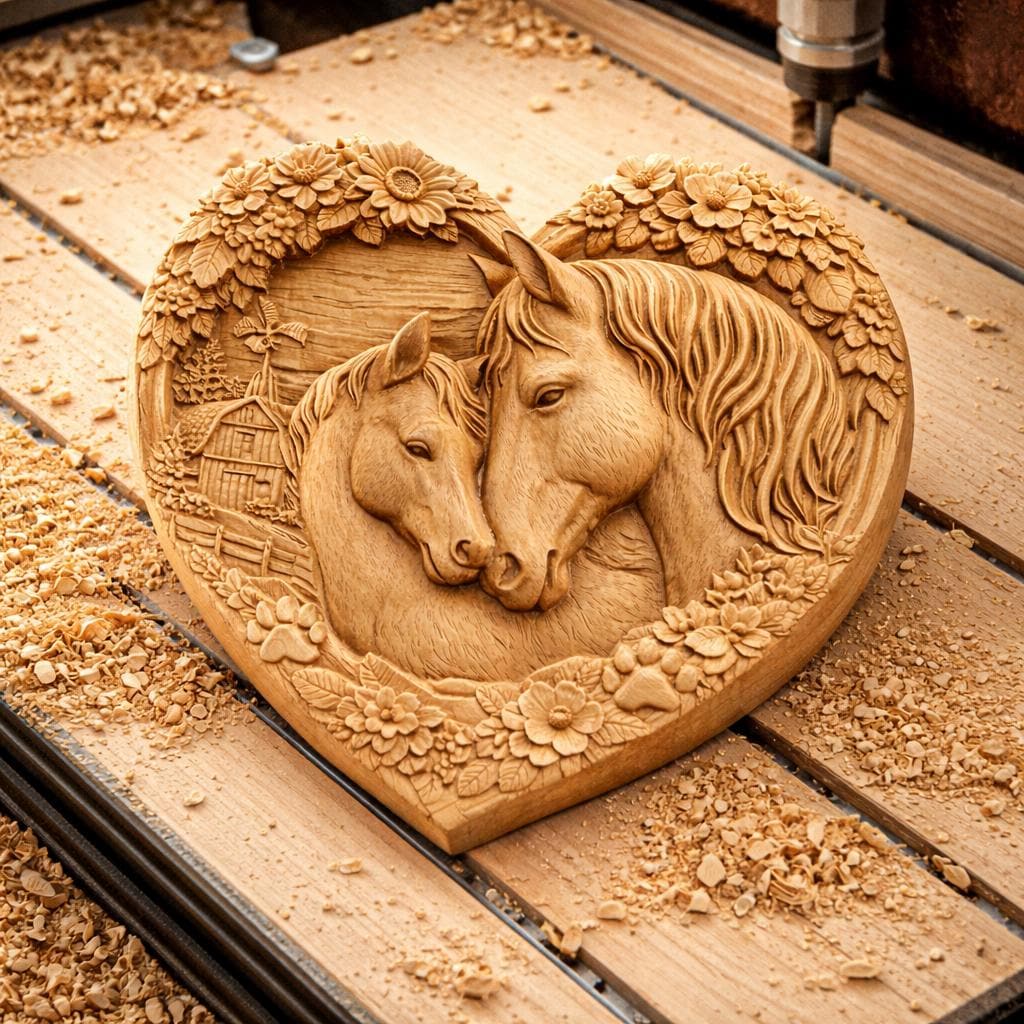 Fichier CNC & impression 3D cœur cheval – bas-relief 3D pour sculpture bois, décoration murale équestre STL