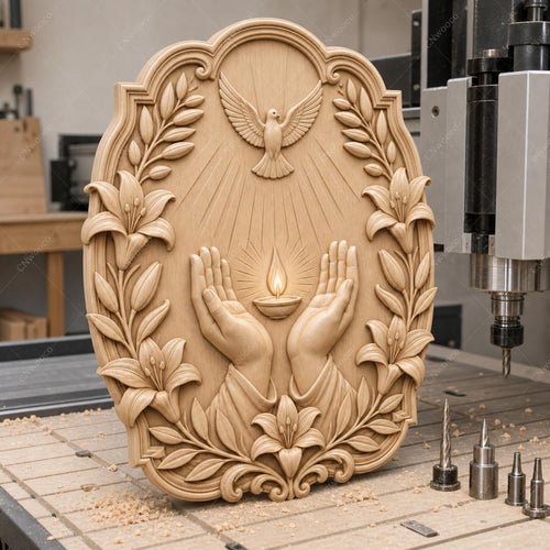 CNC & impression 3D relief mains avec lampe, colombe et lys, fichier STL très haute qualité
