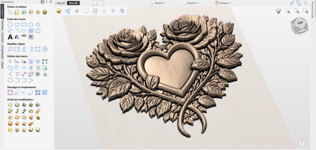 Fichier CNC cœur roses floral, bas-relief bois décoratif, décoration murale, modèle gravure 3D STL