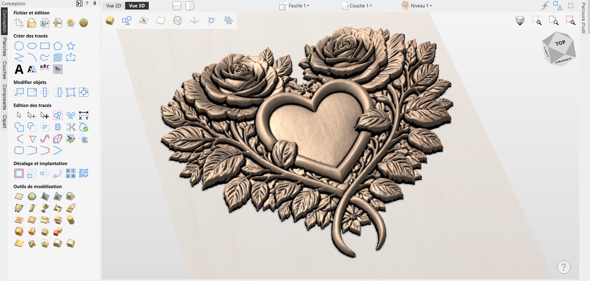 Fichier CNC cœur roses floral, bas-relief bois décoratif, décoration murale, modèle gravure 3D STL