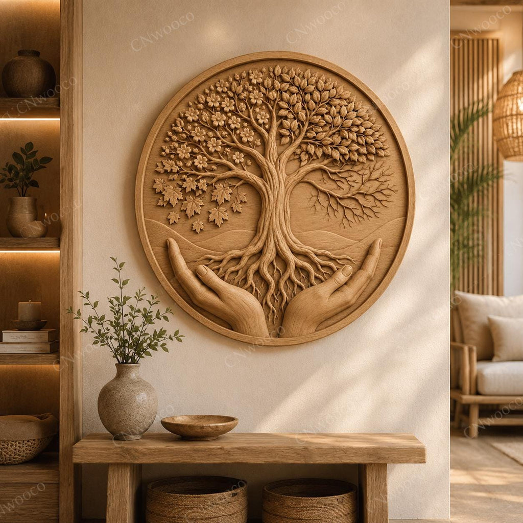 CNC & impression 3D arbre de vie tenu par des mains, fichier STL très haute qualité