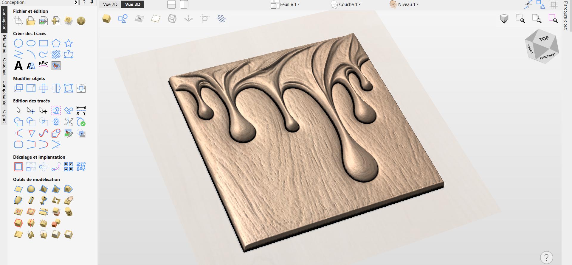 Fichier CNC panneau texture bois gouttes d’eau – bas-relief motif fluide abstrait pour sculpture bois, design meuble ,décoration murale STL