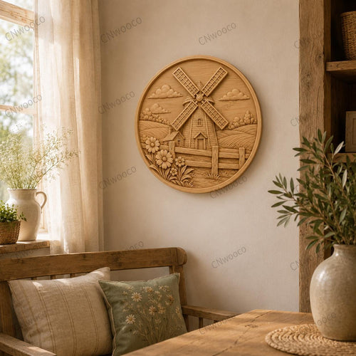 CNC & impression 3D relief moulin de campagne rond, décor farmhouse rustique, fichier STL très haute qualité