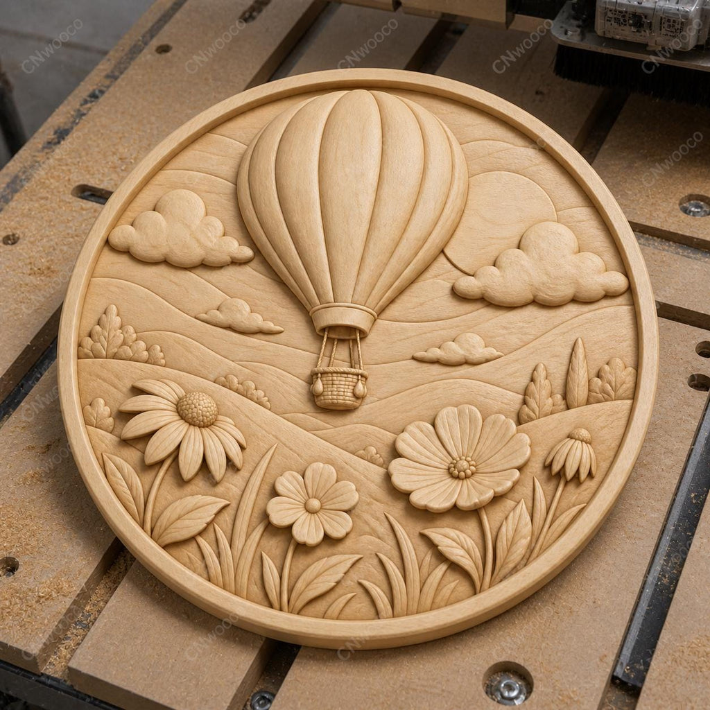 CNC & impression 3D relief montgolfière au-dessus d’un paysage fleuri, fichier STL très haute qualité