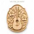 CNC & impression 3D relief guitare acoustique avec fleurs, décor musique, fichier STL très haute qualité