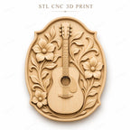CNC & impression 3D relief guitare acoustique avec fleurs, décor musique, fichier STL très haute qualité