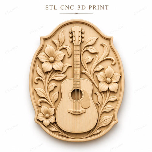 CNC & impression 3D relief guitare acoustique avec fleurs, décor musique, fichier STL très haute qualité