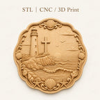 CNC & impression 3D relief phare avec croix bord de mer, fichier STL très haute qualité