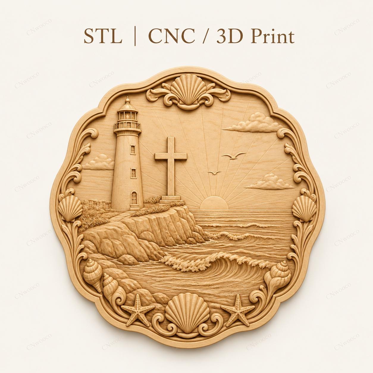 CNC & impression 3D relief phare avec croix bord de mer, fichier STL très haute qualité
