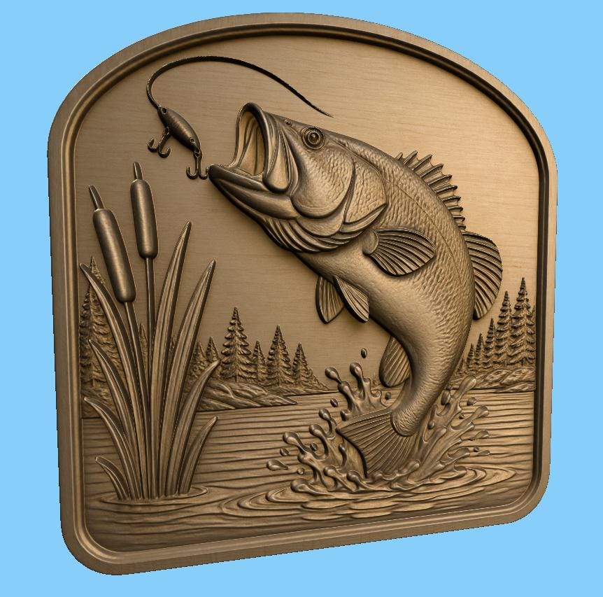 CNC & impression 3D relief poisson bass de pêche avec roseaux, fichier STL très haute qualité