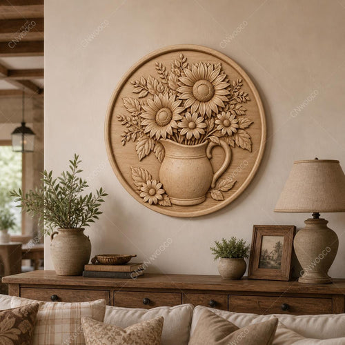 CNC & impression 3D relief tournesols en pichet, décor floral farmhouse, fichier STL très haute qualité
