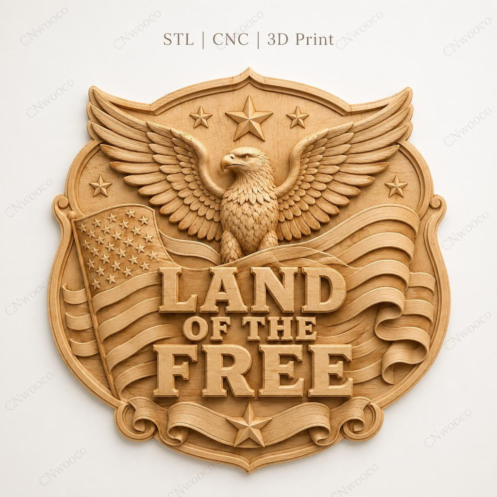 CNC & 3D-Reliefdruck Patriotisch amerikanisch Land of the Free mit Adler und Flagge, Datei für Holzgravur, hochwertiges STL