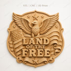 CNC & 3D-Reliefdruck Patriotisch amerikanisch Land of the Free mit Adler und Flagge, Datei für Holzgravur, hochwertiges STL