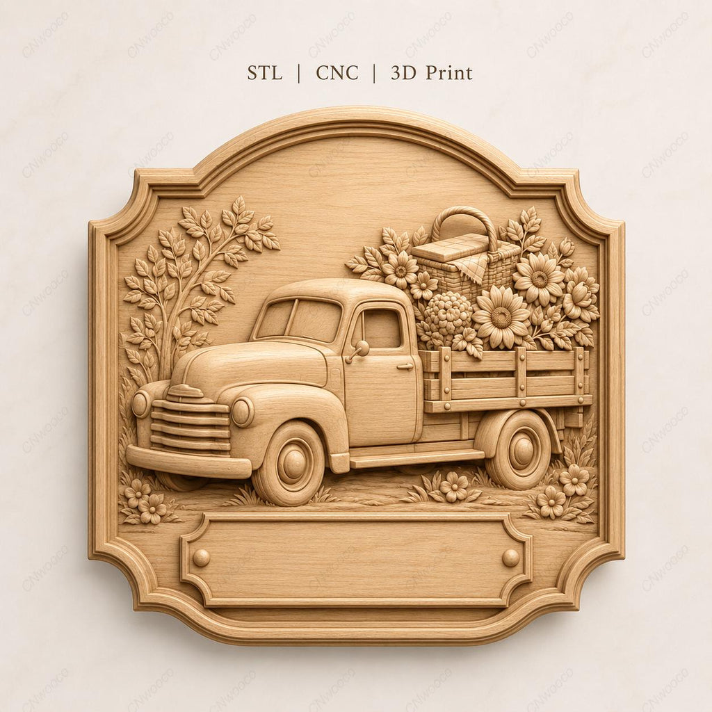 CNC- & 3D-Druck Relief Vintage Blumen-Pickup, Datei für Holzgravur, hochwertiges STL, zum Personalisieren