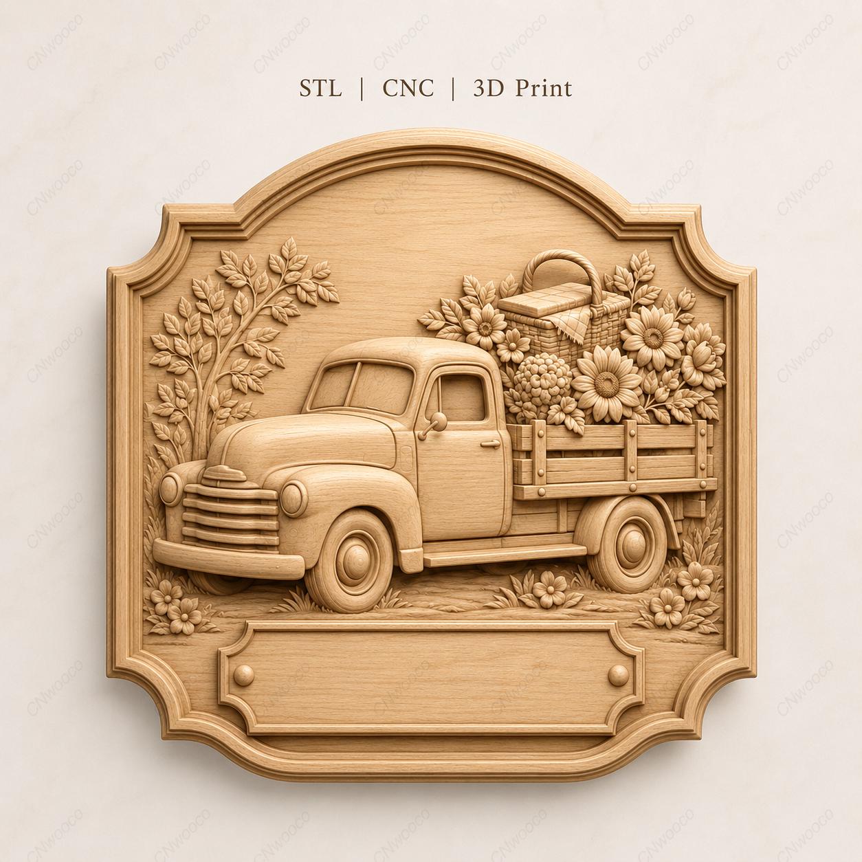CNC- & 3D-Druck Relief Vintage Blumen-Pickup, Datei für Holzgravur, hochwertiges STL, zum Personalisieren