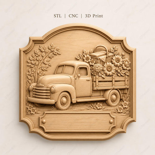CNC & impression 3D relief pick-up vintage fleuri, fichier pour gravure bois, STL de haute qualité, à personnaliser