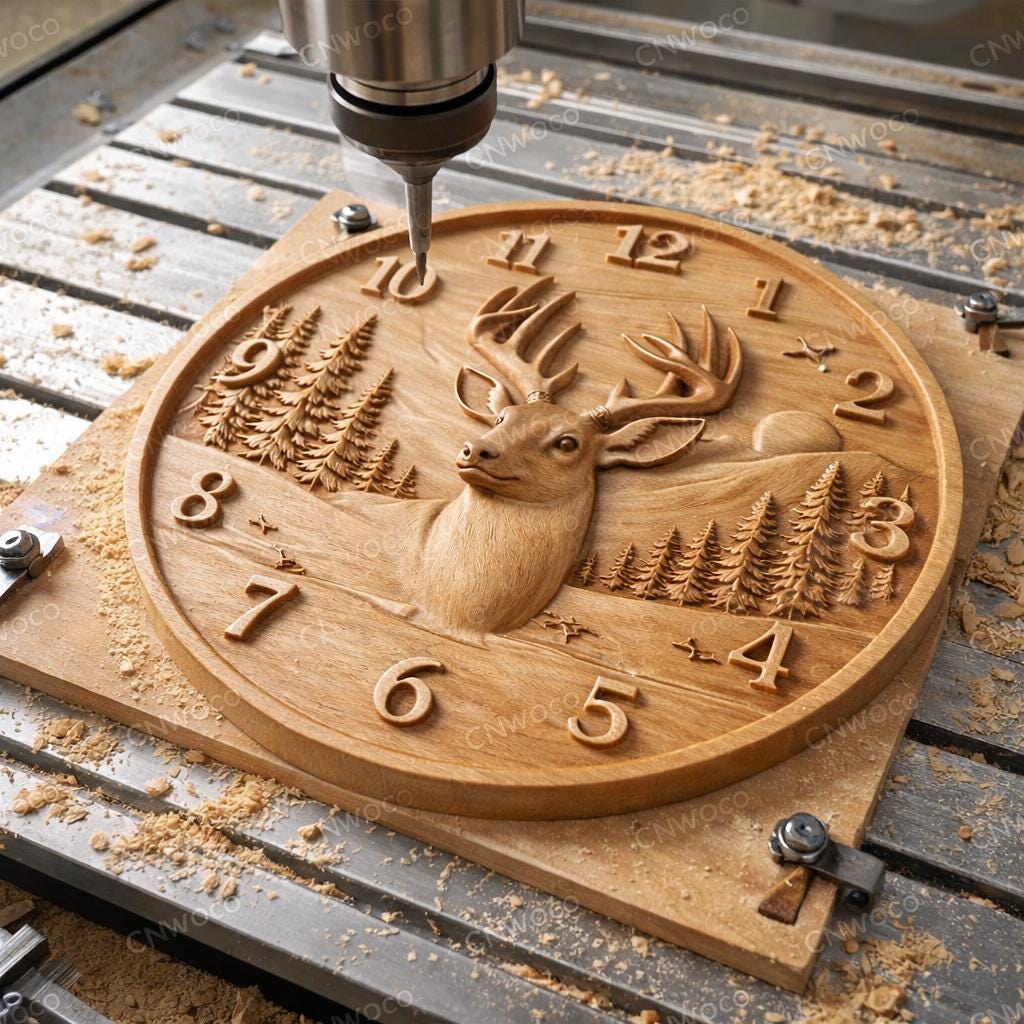 Fichier CNC horloge cerf – bas-relief chasse et faune sauvage pour sculpture bois, décoration murale rustique STL