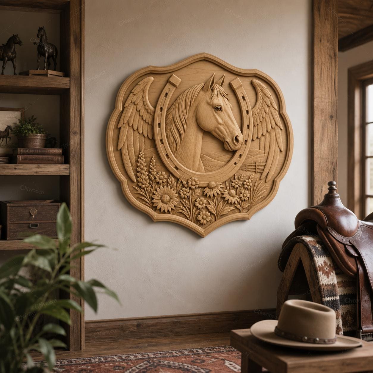 CNC & impression 3D relief cheval avec fer à cheval, ailes et fleurs, fichier STL très haute qualité