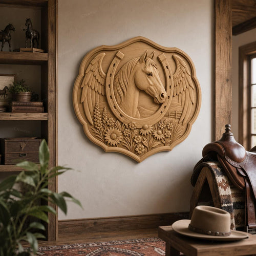CNC & impression 3D relief cheval avec fer à cheval, ailes et fleurs, fichier STL très haute qualité