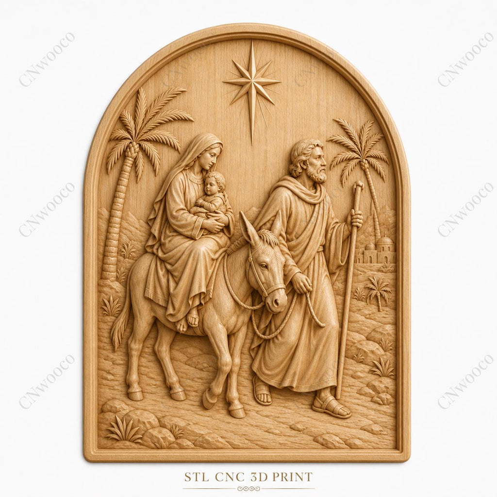 CNC & impression 3D relief fuite en Égypte avec Sainte Famille, fichier STL très haute qualité