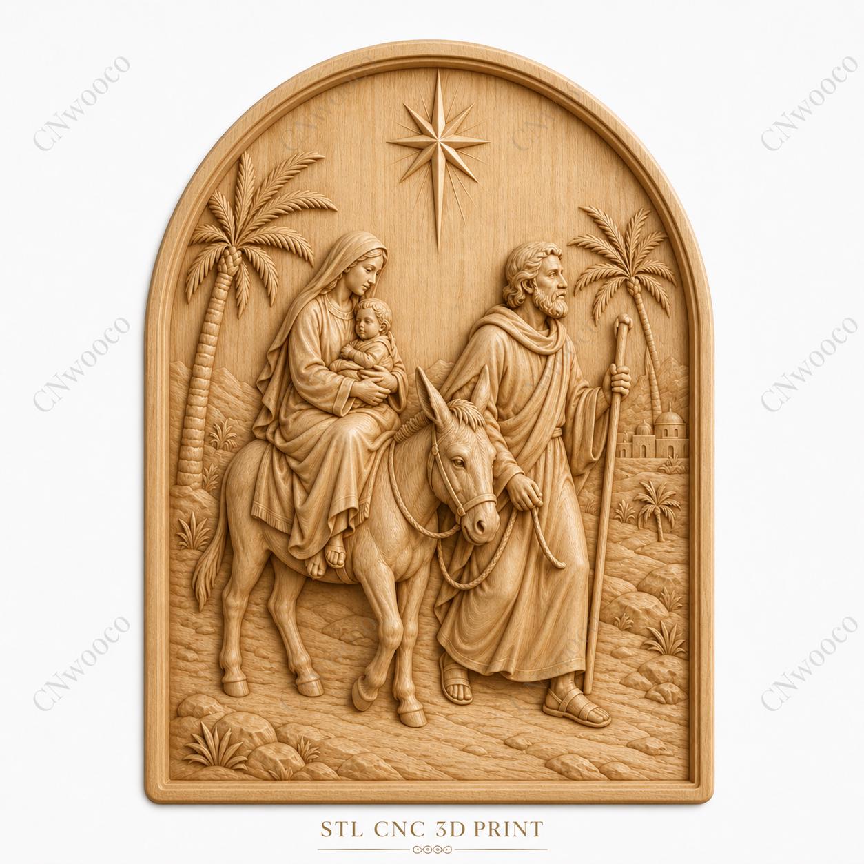 CNC & impression 3D relief fuite en Égypte avec Sainte Famille, fichier STL très haute qualité