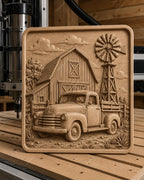 CNC & 3D-Druck Oldtimer-Pickup vor Scheune und Mühle, STL-Datei sehr hohe Qualität