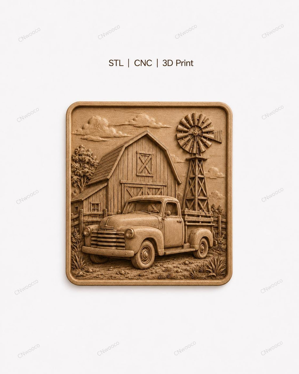 CNC & 3D-Druck Oldtimer-Pickup vor Scheune und Mühle, STL-Datei sehr hohe Qualität
