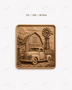 CNC & 3D-Druck Oldtimer-Pickup vor Scheune und Mühle, STL-Datei sehr hohe Qualität