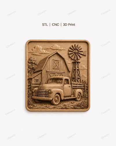 CNC & impression 3D vieux pick-up devant grange et moulin, fichier STL très haute qualité