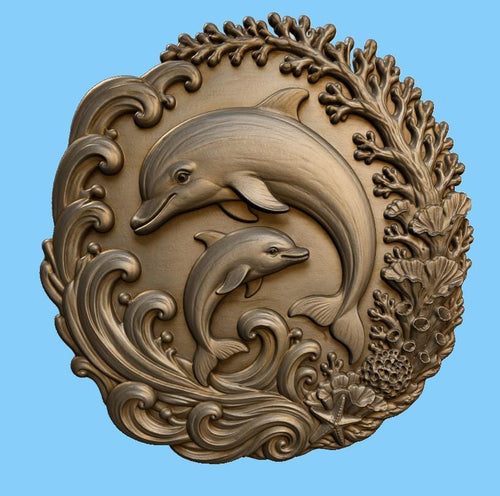 CNC & impression 3D dauphins avec vagues et coraux, fichier STL très haute qualité