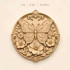 CNC & 3D-Druck Schmetterlingsrelief mit Blumen, florale Dekoration für Holzgravur, hochwertiges STL