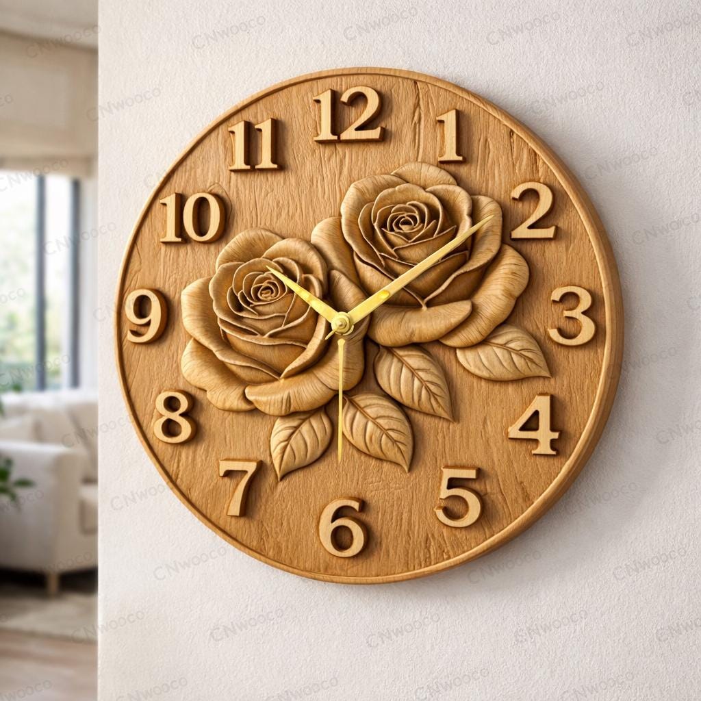CNC-Datei Rosenuhr – florales Basrelief für Holzskulptur, Wanddekoration STL