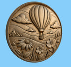 CNC & impression 3D relief montgolfière au-dessus d’un paysage fleuri, fichier STL très haute qualité