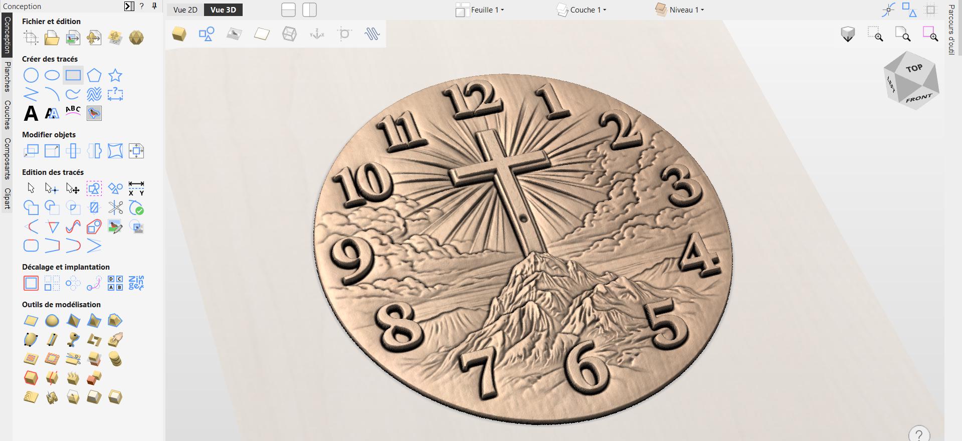 Fichier CNC horloge croix chrétienne – bas-relief religieux pour sculpture bois, décoration murale église STL