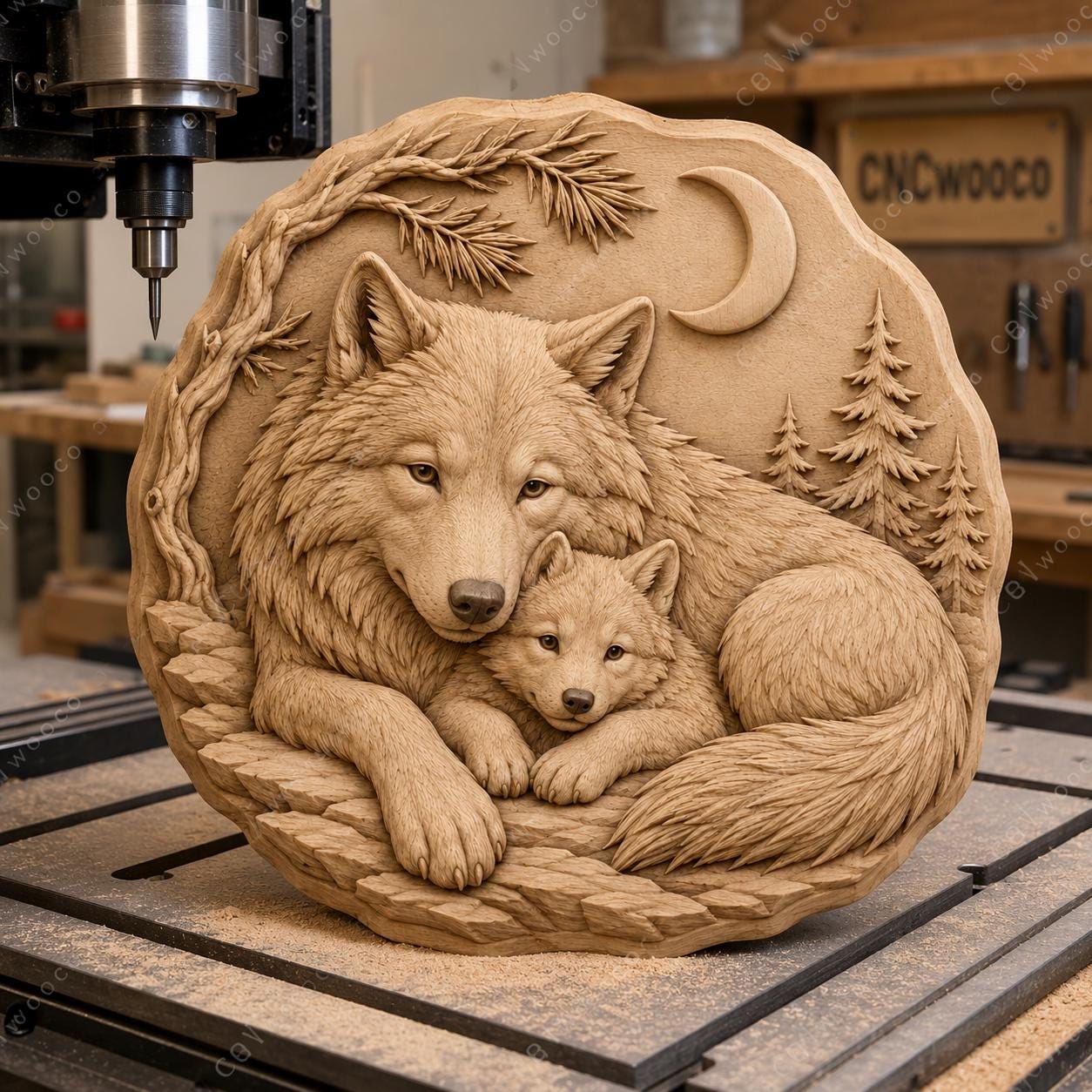 CNC- und 3D-Reliefdruck von Eltern- und Babywölfen, Tierwelt Wald-Datei für Holzgravur, hochwertige STL