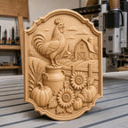 CNC & impression 3D relief coq de ferme avec grange et tournesols, fichier STL très haute qualité