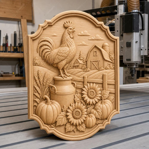 CNC & impression 3D relief coq de ferme avec grange et tournesols, fichier STL très haute qualité