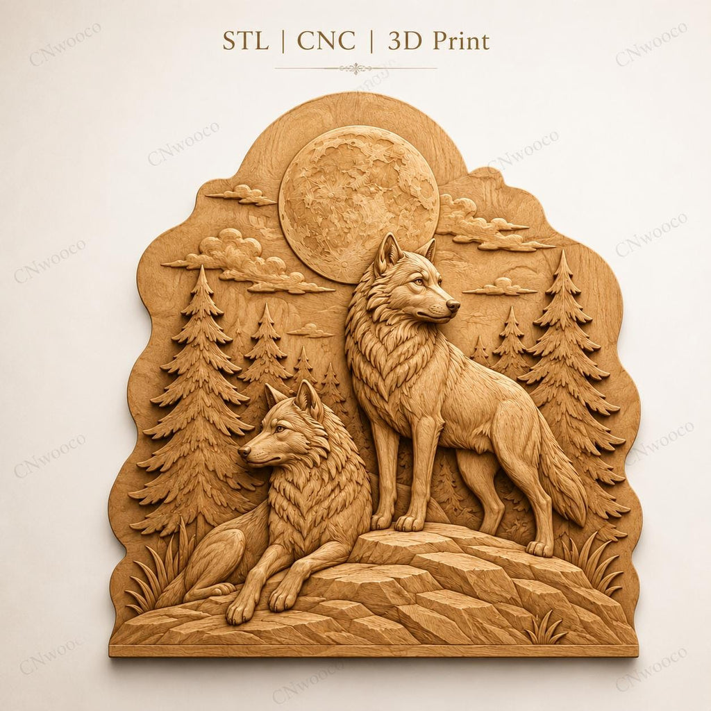 CNC & impression 3D relief loups dans la forêt avec lune, décoration wildlife pour gravure bois, STL de haute qualité