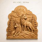 CNC & impression 3D relief loups dans la forêt avec lune, décoration wildlife pour gravure bois, STL de haute qualité