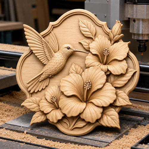 CNC & impression 3D relief colibri avec fleurs d’hibiscus, décoration florale tropicale, fichier STL très haute qualité
