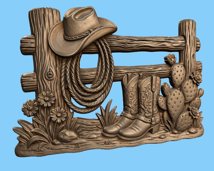 CNC & impression 3D clôture western avec bottes cowboy et cactus, fichier STL très haute qualité