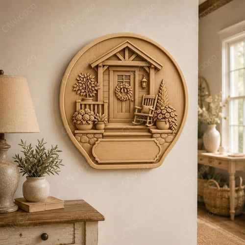 CNC & impression 3D relief maison avec porche fleuri, fichier home decor pour gravure bois, STL de haute qualité, à personnaliser